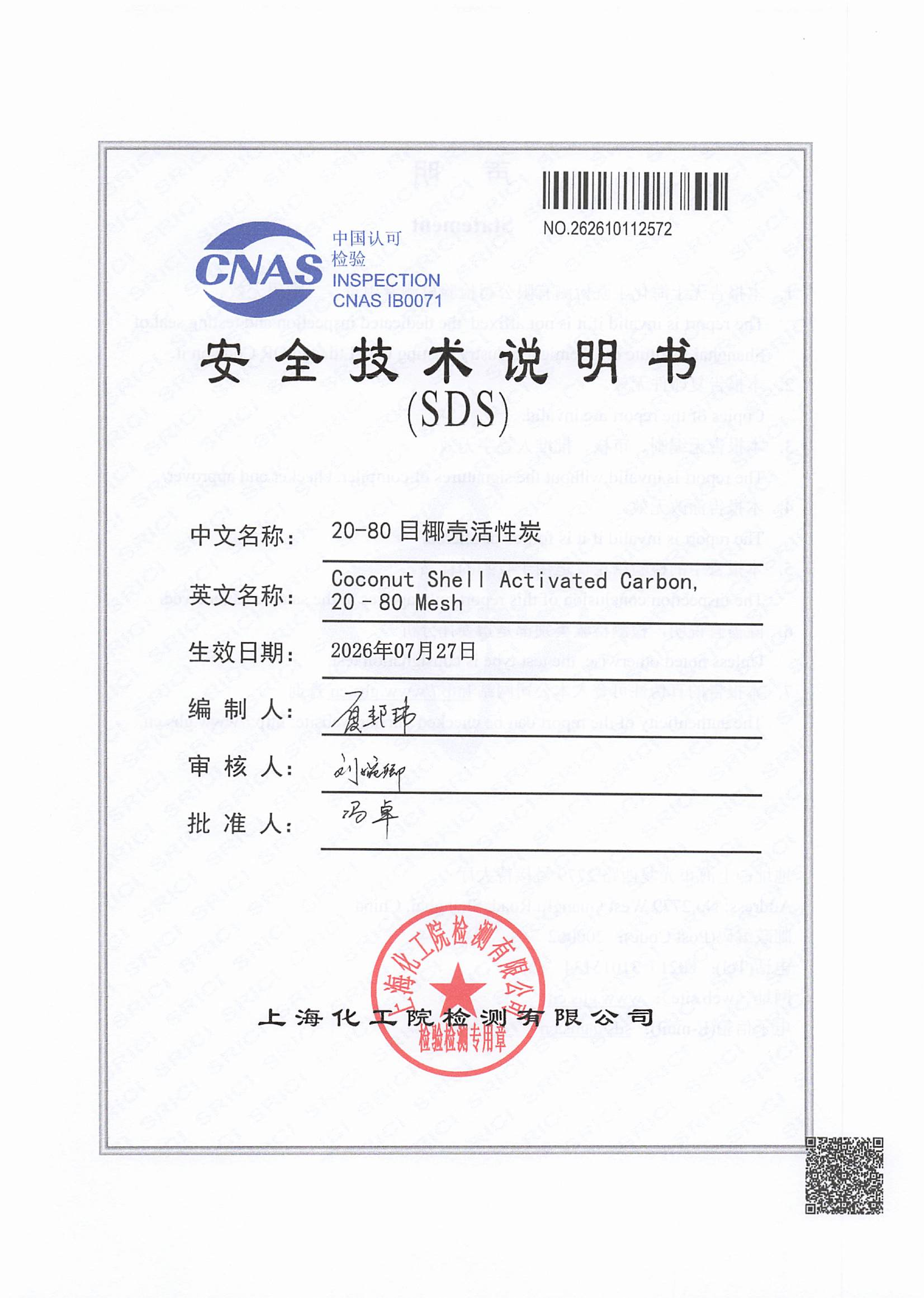 Activated carbon laboratory test report